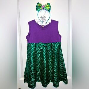 Girls Purple and Green Mermaid Scale Skater Dress with Matching Headband